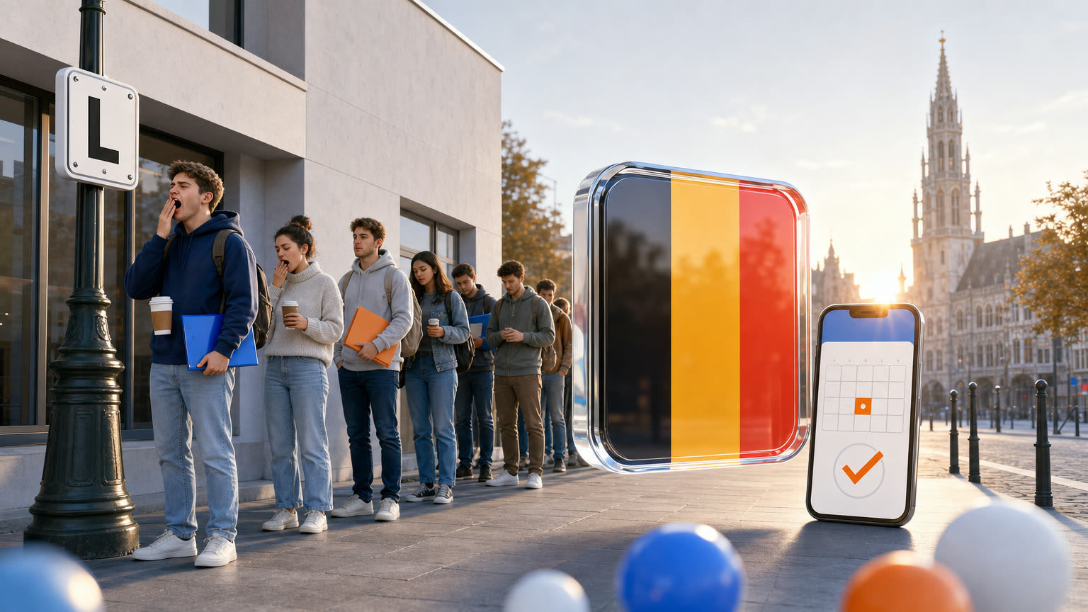Une file de jeunes candidats devant un centre d'examen à Bruxelles au petit matin, sous une plaque L, avec un panneau aux couleurs belges et un smartphone qui affiche un rendez-vous confirmé