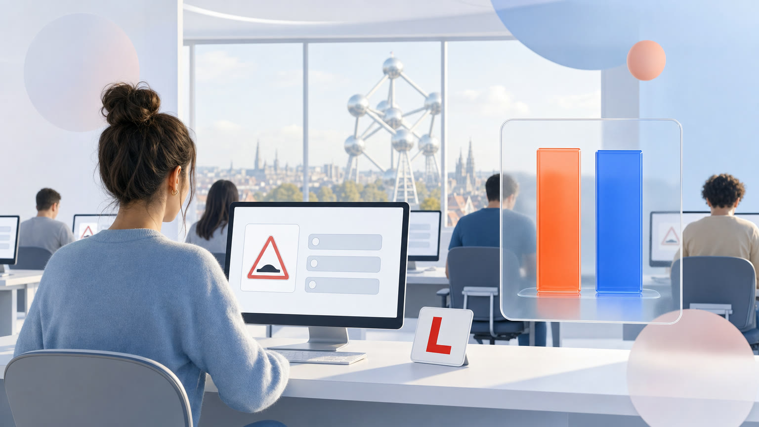 Une candidate devant l'écran d'un examen théorique dans un centre bruxellois, l'Atomium par la fenêtre, un graphique en verre à deux barres presque égales et une plaque L sur le bureau