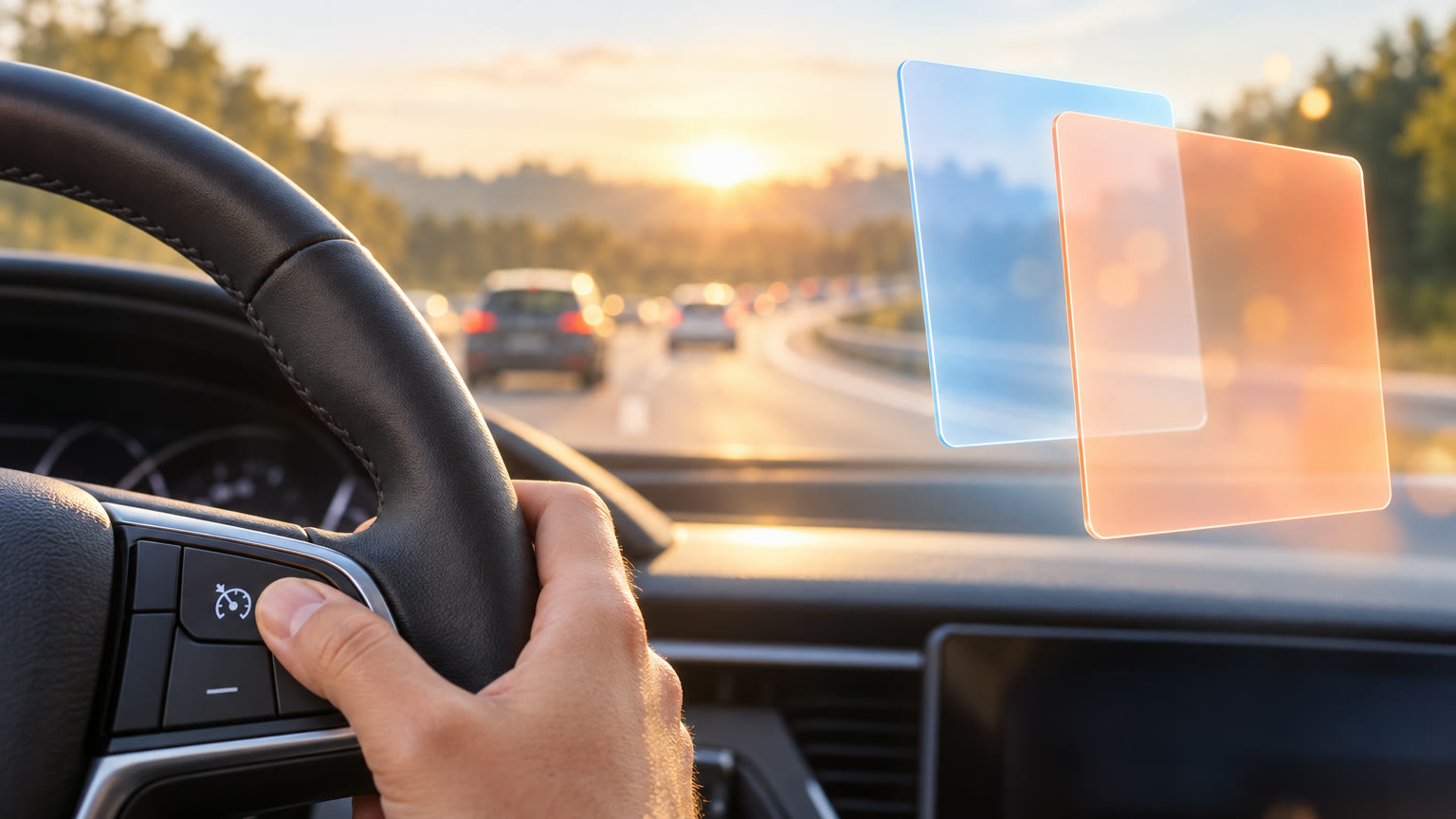 Le pouce d'un conducteur sur le bouton du régulateur de vitesse, une autoroute au soleil couchant, deux panneaux de verre bleu et orange superposés comme deux versions d'un même texte
