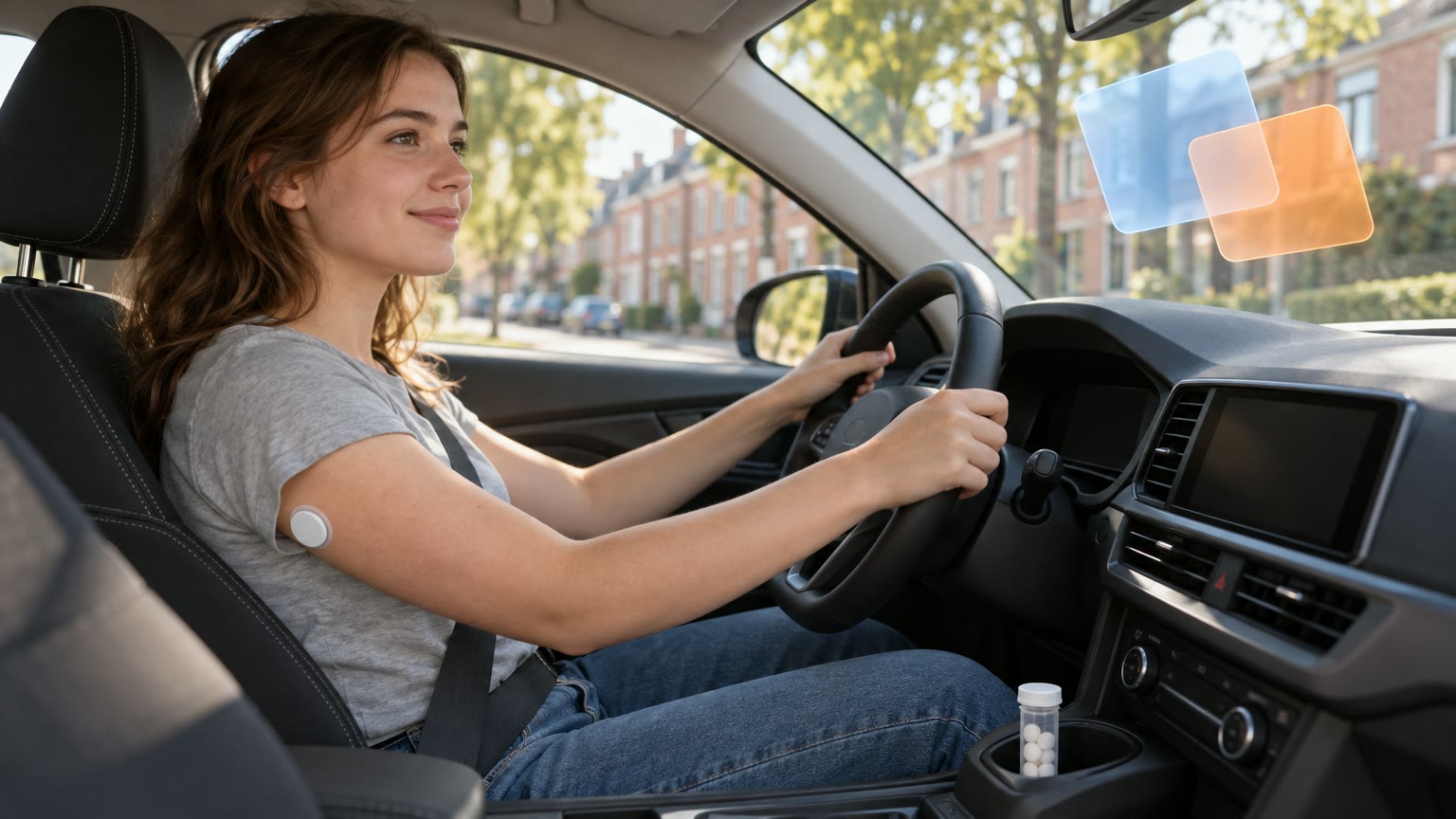 Une jeune conductrice souriante au volant d'une voiture garée dans une rue bordée de maisons en briques, un capteur de glycémie sur le bras, un tube de comprimés de glucose dans le porte-gobelet, deux panneaux de verre bleu et orange devant le pare-brise
