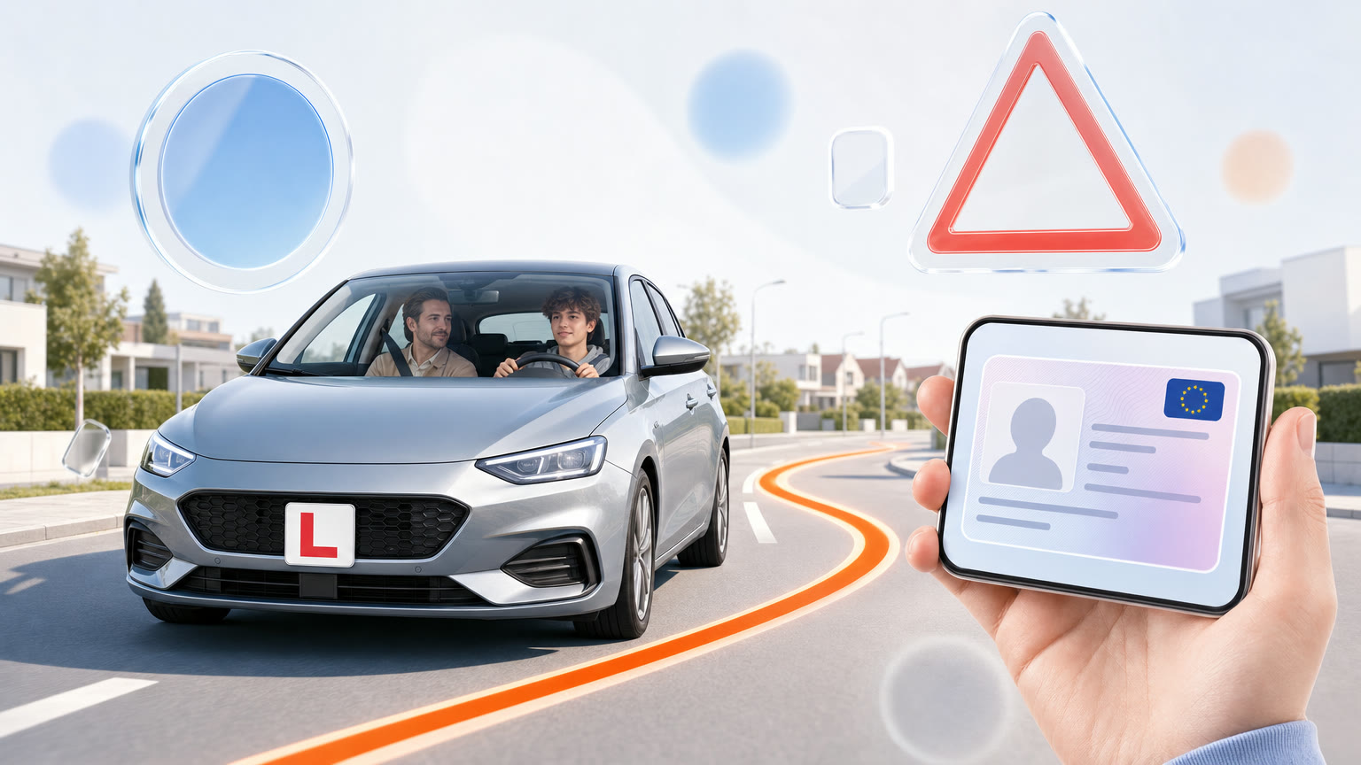 Un jeune conducteur de 17 ans au volant avec un accompagnateur à ses côtés, une plaque L, des panneaux en verre et un smartphone qui affiche un permis de conduire numérique européen
