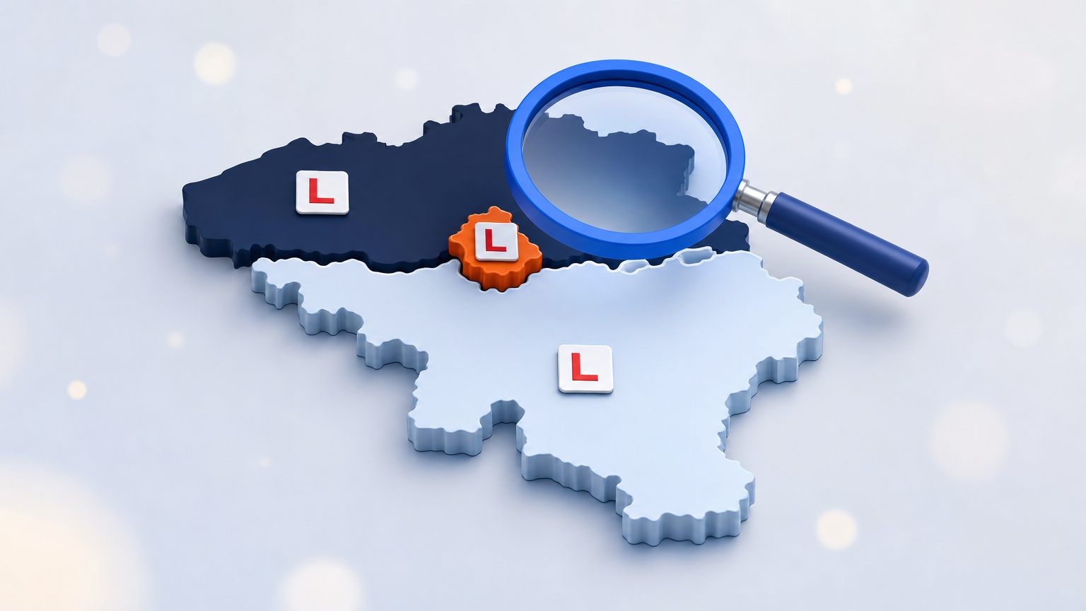 Une loupe survole la carte de la Belgique découpée en trois régions portant chacune une plaque L