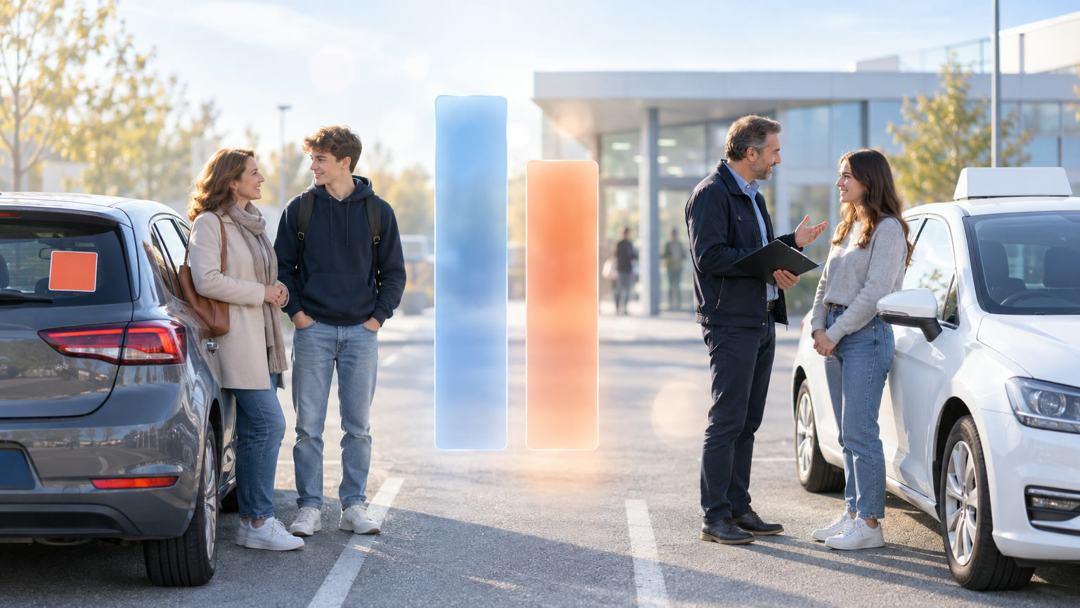 Sur le parking d'un centre d'examen, un candidat et sa mère près d'une voiture familiale, un autre candidat avec un moniteur près d'une voiture d'auto-école, deux barres de verre bleue et orange entre eux