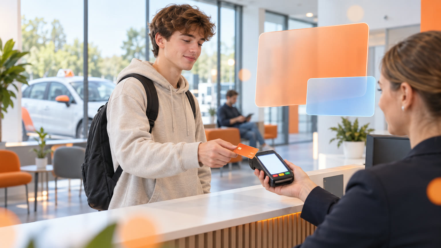 Un jeune candidat paie par carte au guichet d'un centre d'examen, une voiture d'auto-école garée derrière la vitre, deux panneaux de verre orange et bleu flottent au premier plan