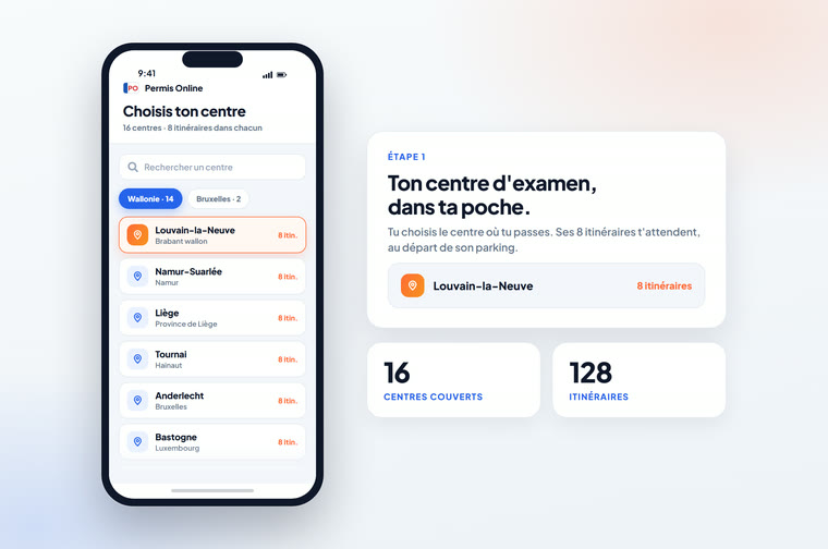 L'application sur un téléphone : l'écran « Choisis ton centre » avec la recherche, les filtres Wallonie et Bruxelles, et les centres et leurs 8 itinéraires