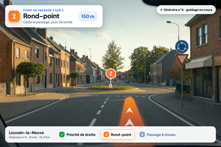 Vue depuis le volant dans une rue wallonne, un rond-point à 150 m : l'application annonce le point de passage n°2, trace le guidage en orange sur la voie et liste les 3 points de passage de l'itinéraire