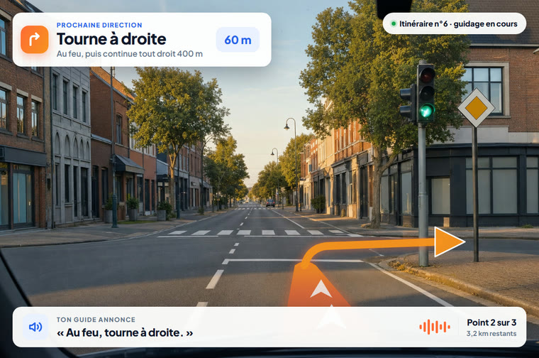 Vue depuis le volant dans une rue commerçante wallonne, à un carrefour à feux : ton guide annonce « Au feu, tourne à droite » et trace la direction en orange sur la route