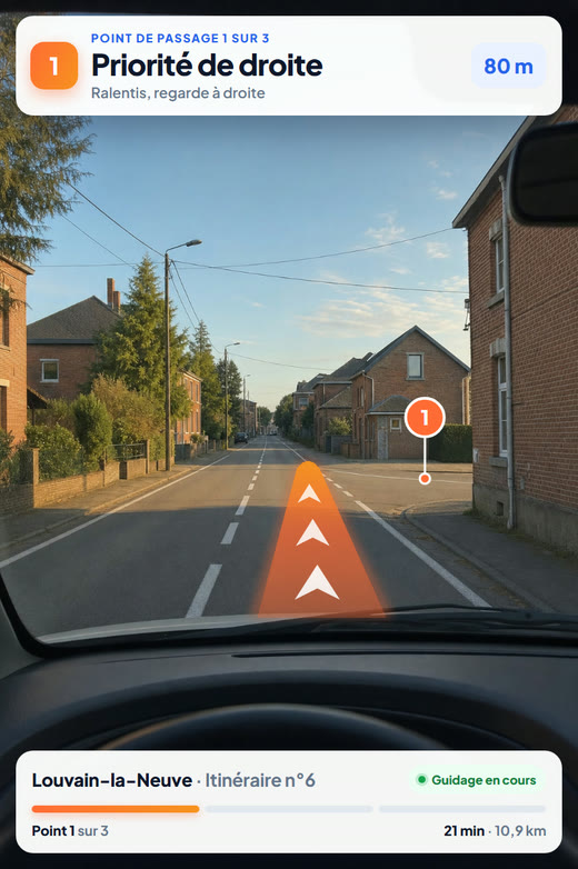 Vue depuis le volant dans une rue wallonne : l'application annonce le point de passage n°1, une priorité de droite à 80 m, et trace le guidage en orange sur la voie