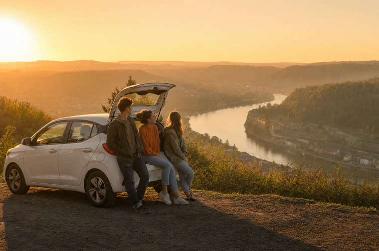 Trois amis assis sur le coffre ouvert de leur voiture admirent la vallée de la Meuse et sa citadelle au coucher du soleil