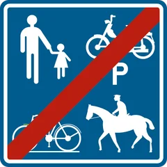 Panneau F101a : Fin du chemin ou de la partie de la voie publique réservé à la circulation des piétons, cyclistes, cavaliers et conducteurs de speed pedelecs