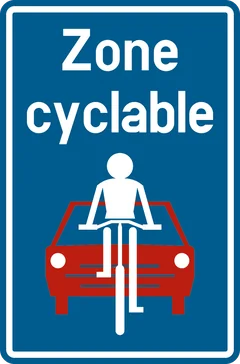 Panneau F111 : Rue cyclable (elle prend fin à hauteur du prochain carrefour ou du signal F113) (Zone cyclable)
