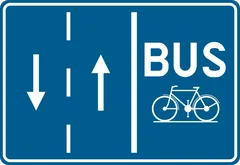 Panneau F18 : Indication d'un site spécial franchissable réservé à la circulation des véhicules réguliers de transport en commun (bus cycliste ouvert aux cyclistes)