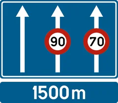 Panneau F89 : Signal de préavis annonçant un danger ou prescrivant une réglementation qui ne s'applique qu'à une ou plusieurs bandes de circulation