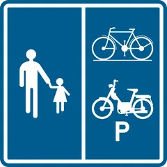 Panneau F99b : Chemin ou partie de la voie publique réservé aux piétons, cyclistes, cavaliers et speed pedelecs, avec indication de la partie affectée à chaque catégorie (piéton cycliste speed pedelec)