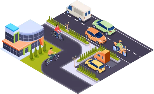 Cyclistes, automobilistes, motard et camionnette qui se partagent la route en ville