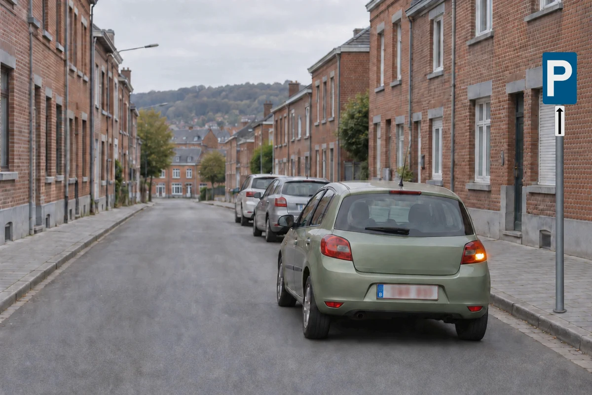 Voiture circulant devant un signal de stationnement en agglomération