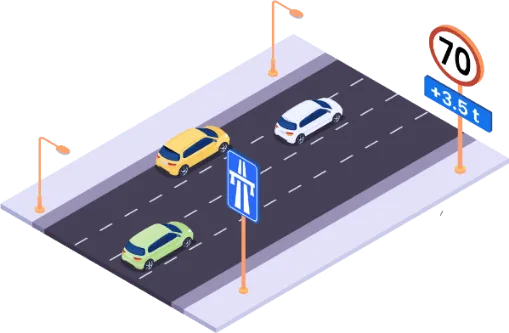 Autoroute avec un signal limitant la vitesse à 70 km/h, complété par un panneau additionnel visant les véhicules de plus de 3,5 tonnes