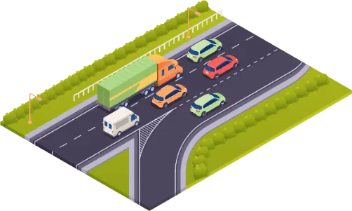Bretelle d'accès rejoignant une autoroute où circulent déjà un camion et plusieurs voitures