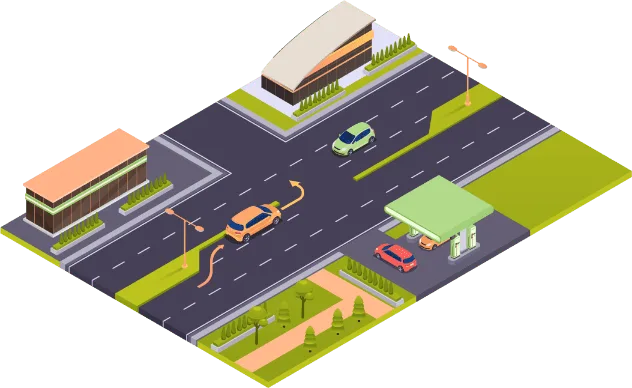 Voiture qui s'apprête à tourner à gauche à hauteur d'une rue latérale, trajectoire fléchée