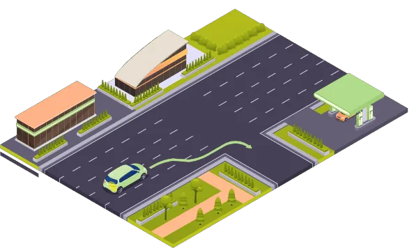 Voiture qui tourne à droite pour quitter la chaussée et rejoindre une rue latérale