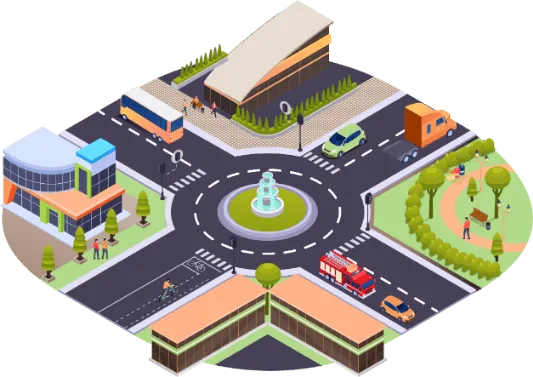 Vue d'ensemble de la voie publique : chaussée, trottoirs, piste cyclable et rond-point