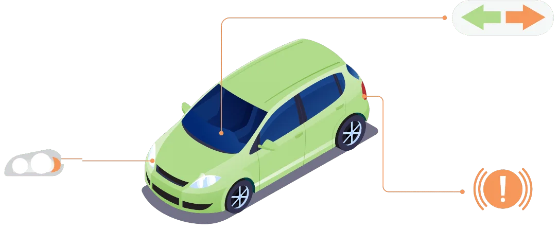 Voiture avec des repères pointant les phares, les clignotants et les feux arrière à contrôler