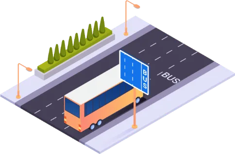 Bande bus délimitée par de larges traits discontinus avec le mot BUS inscrit sur la chaussée
