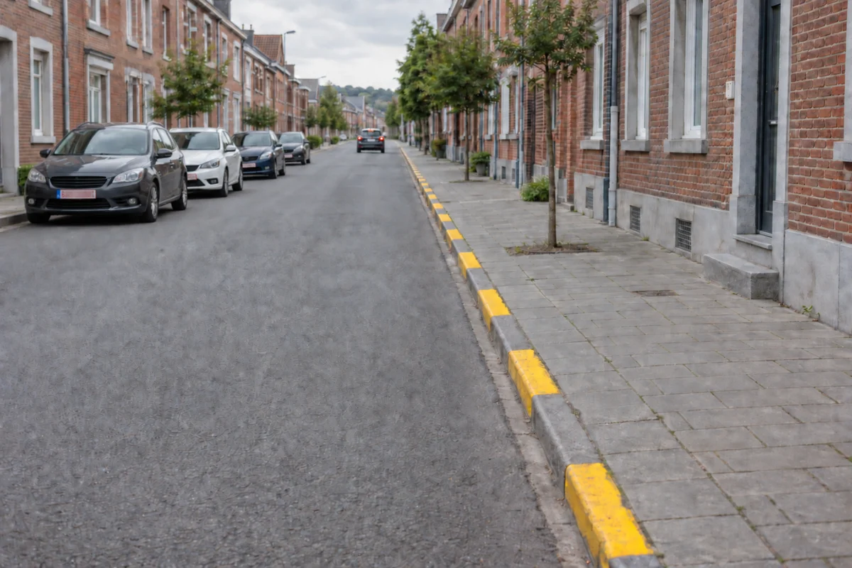 Schéma : ligne jaune discontinue tracée sur la bordure du trottoir, stationnement interdit