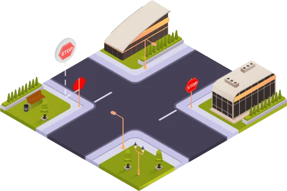 Carrefour équipé de signaux stop, où se trace la ligne d'arrêt transversale continue