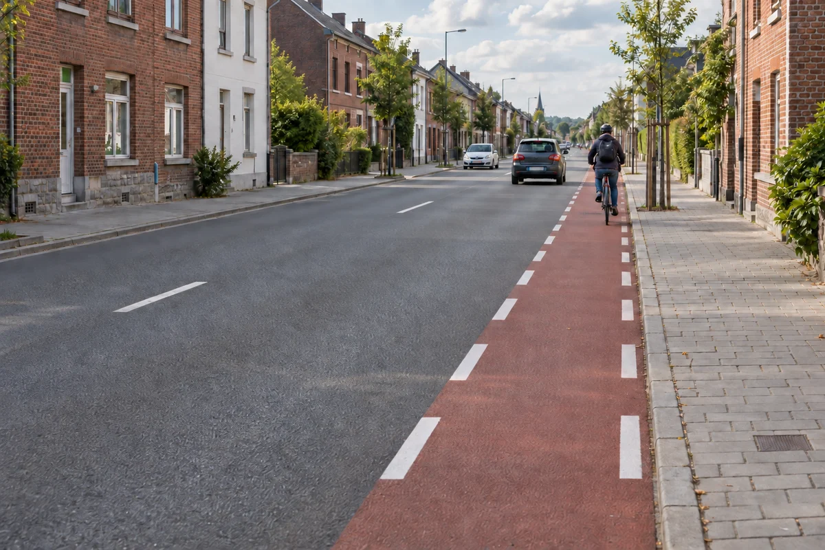 Schéma du marquage légal de la piste cyclable : deux lignes discontinues parallèles à traits larges