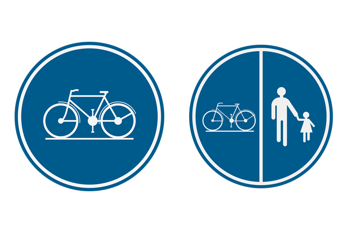 Deux signaux ronds bleus : piste cyclable obligatoire (D7), et partie réservée aux piétons et cyclistes, chacun sa partie (D9)