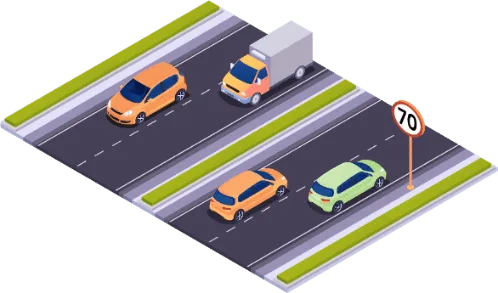 Route à deux fois deux bandes dont les sens sont séparés par une berme centrale, avec bermes latérales et signal de limitation à 70 km/h