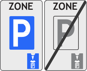 Signaux de début et fin de zone bleue, stationnement à durée limitée avec disque