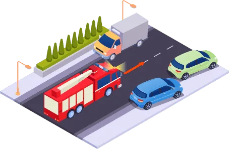 Camion de pompiers passant entre des voitures qui se sont écartées sur la chaussée