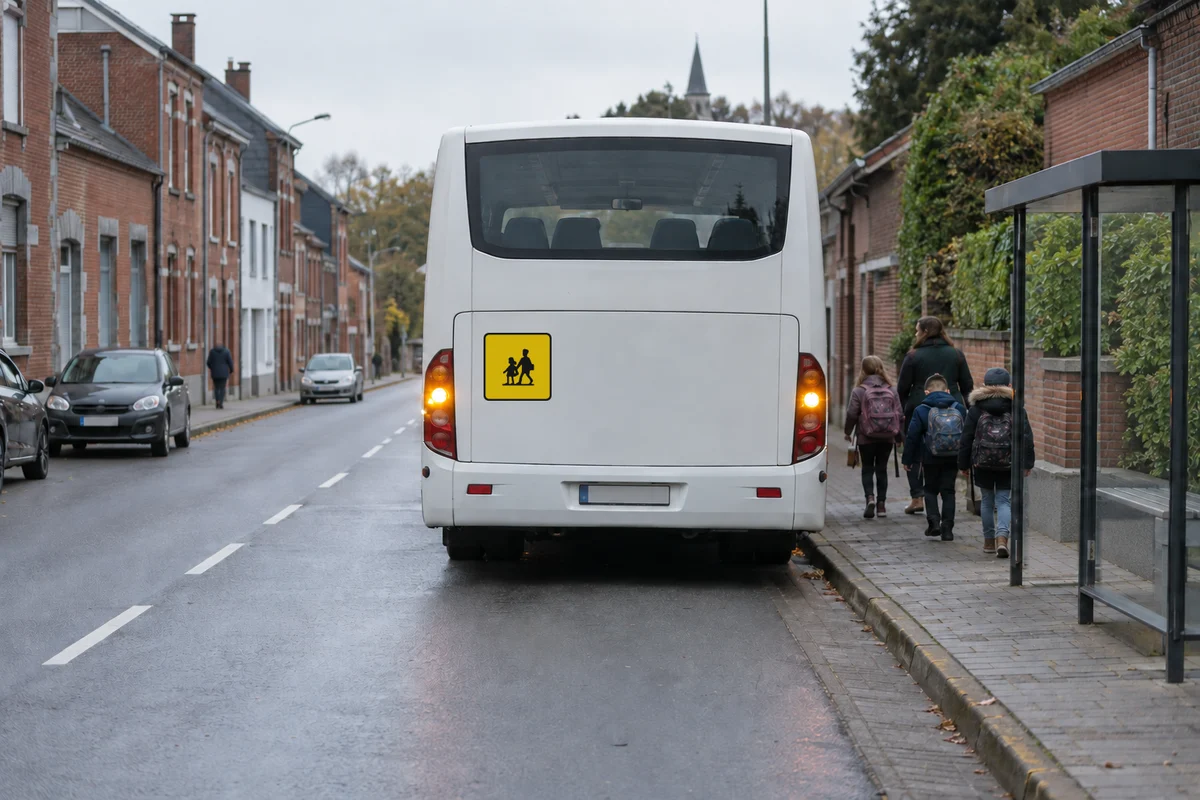 Panneau de transport scolaire à fond jaune rétroréfléchissant à l'arrière d'un bus, avec des enfants à proximité