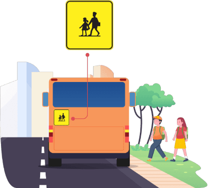 Panneau de transport scolaire à fond jaune rétroréfléchissant à l'arrière d'un bus, avec des enfants à proximité