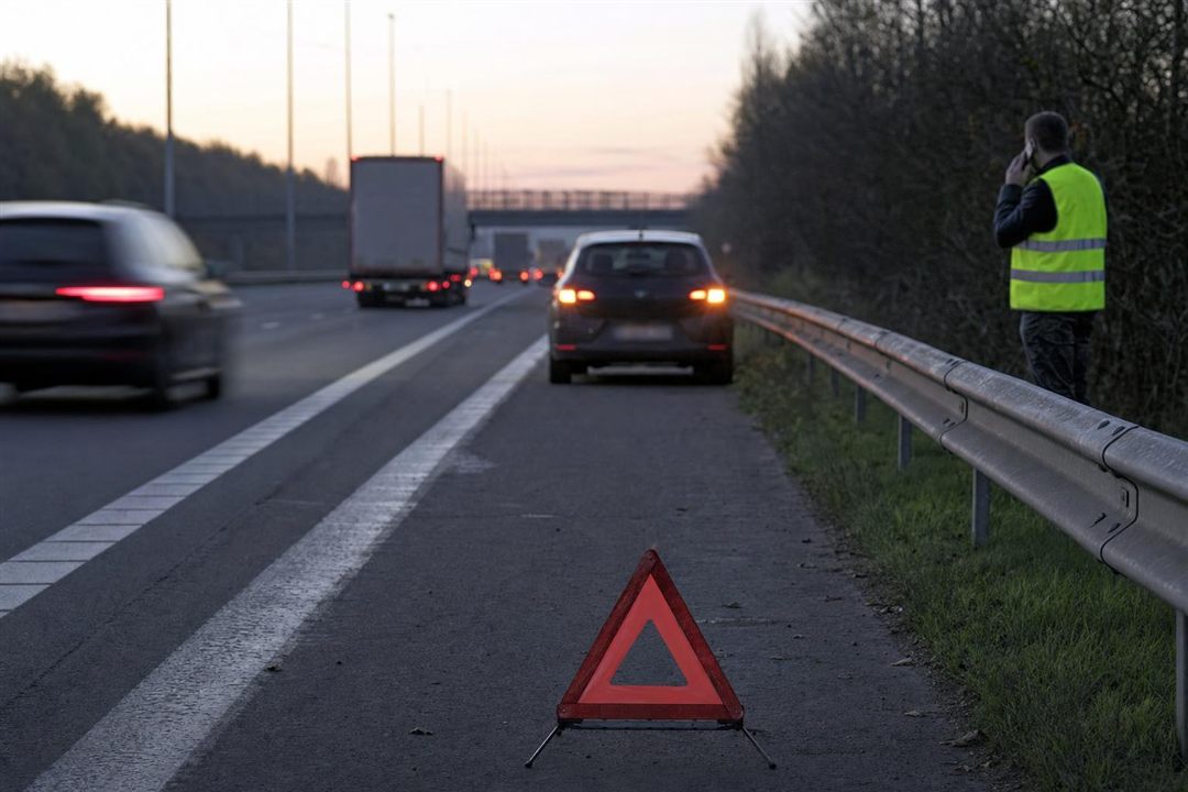 Conducteur en gilet r&eacute;tror&eacute;fl&eacute;chissant derri&egrave;re la glissi&egrave;re, triangle pos&eacute; sur la bande d&rsquo;arr&ecirc;t d&rsquo;urgence