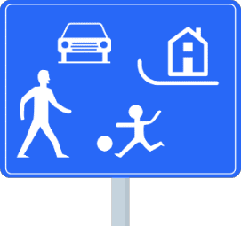 Signal d'accès à une zone résidentielle ou de rencontre : panneau bleu avec une habitation, une voiture, un piéton et un enfant jouant au ballon