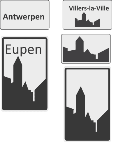 Signaux d'entrée d'agglomération : panneaux avec le nom de la commune ou une silhouette de bâtiments