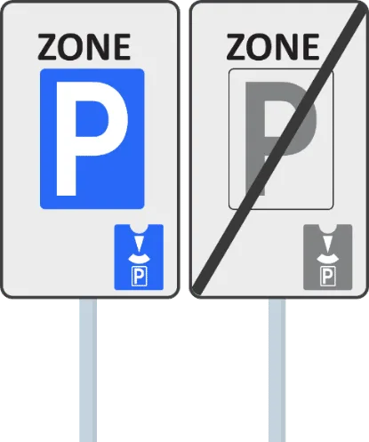Signaux de début et de fin de zone bleue avec pictogramme du disque de stationnement
