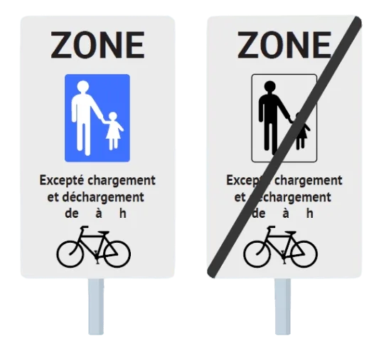 Signaux d'entrée et de sortie de zone piétonne avec les mentions excepté chargement et déchargement et un vélo