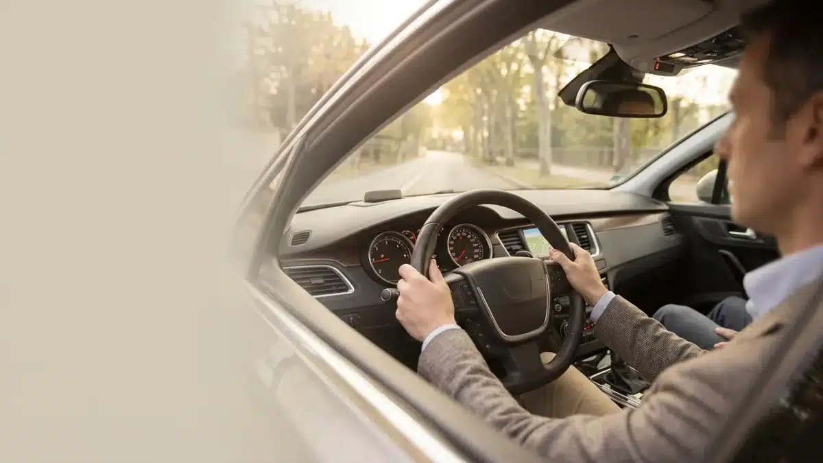 Un jeune conducteur concentré tient le volant lors d'une leçon pratique pour apprendre à conduire.