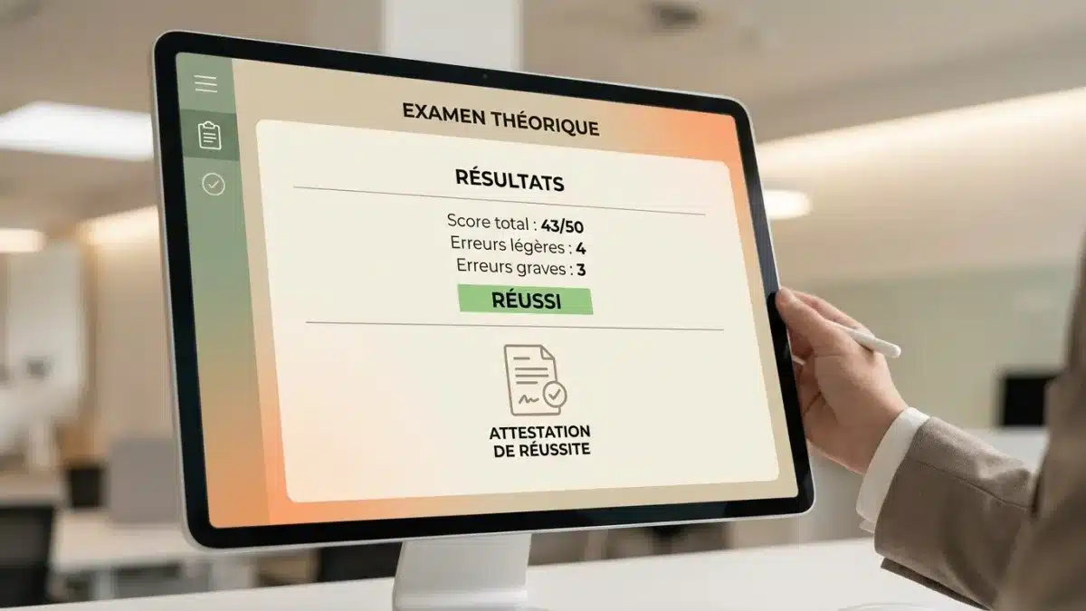 Un écran d'ordinateur affiche le score final de 43 sur 50 et la mention réussite après l'examen.