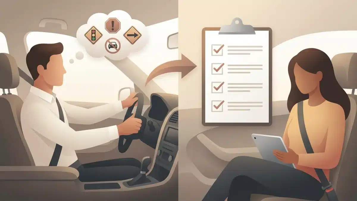 Un inspecteur du permis de conduire évalue un candidat avec une grille de notation détaillée.