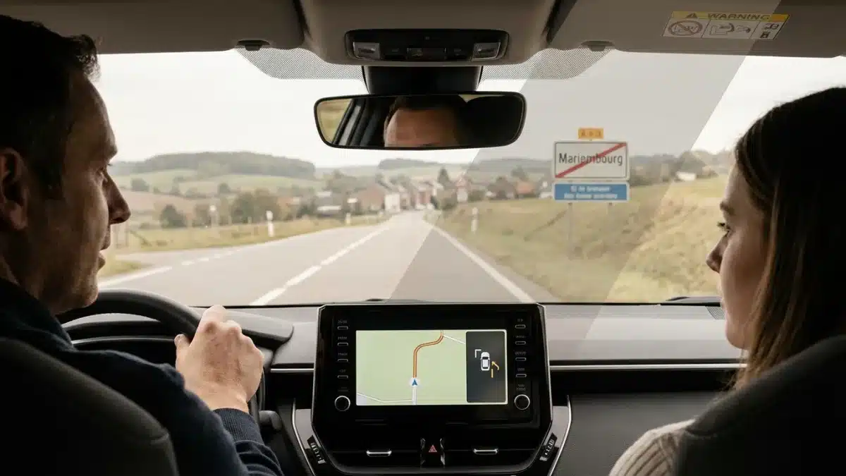 Véhicule auto-école réalisant une manœuvre lors de l'examen pratique sur les routes variées de Mariembourg.