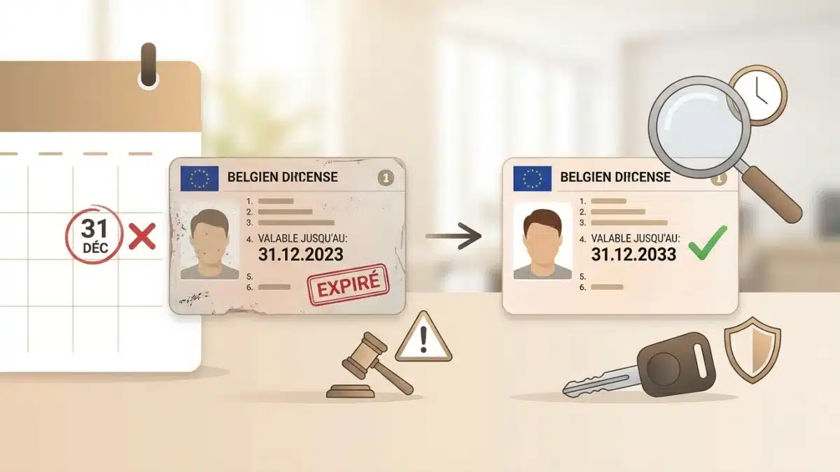 Un calendrier marquant la date d'expiration à côté d'un permis de conduire belge.