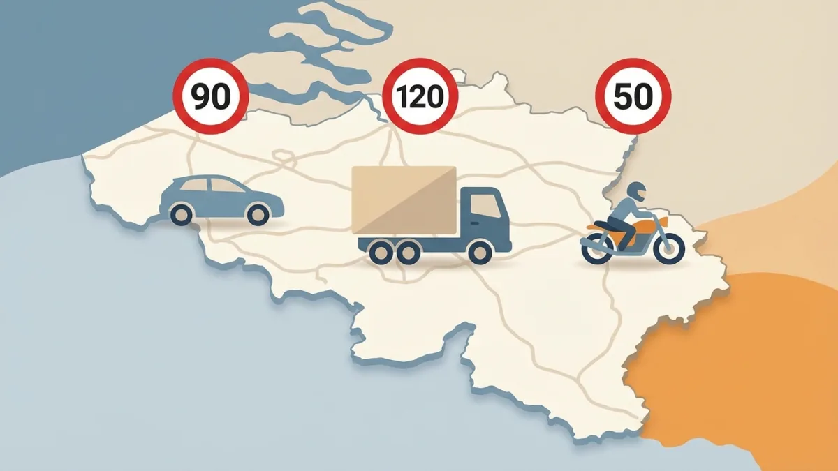 Un camion et un bus circulent sur une route belge, illustrant les règles de vitesse distinctes pour les poids lourds.
