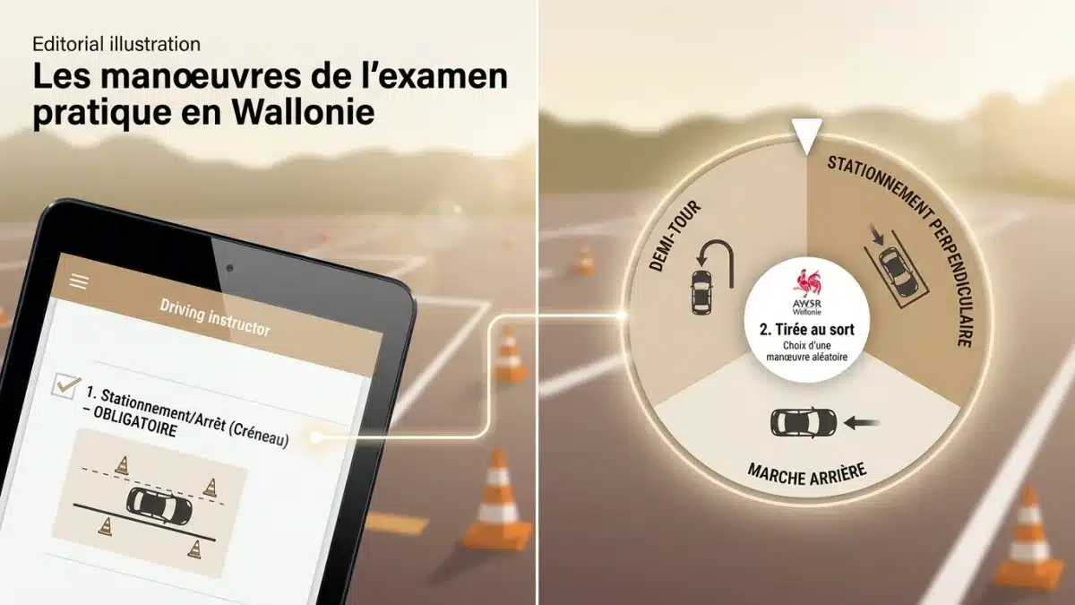 Candidat réalisant un créneau lors de l'examen pratique du permis de conduire en Wallonie.