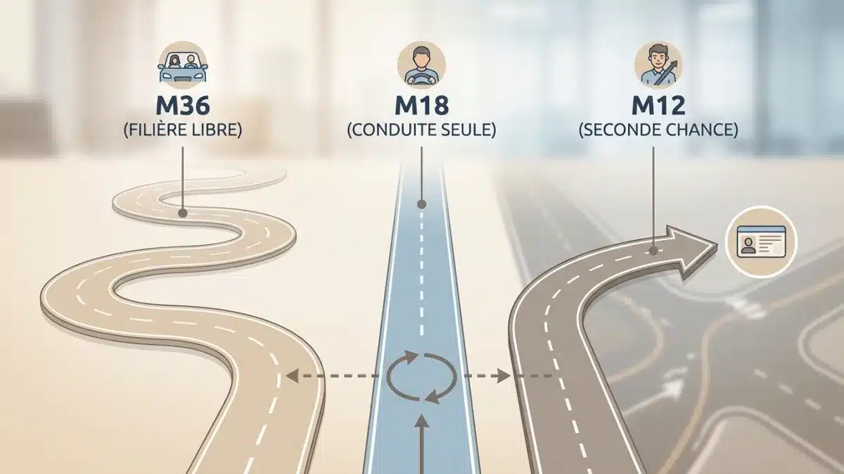 Un tableau compare les différences entre les permis provisoires M12, M18 et M36 en Belgique.