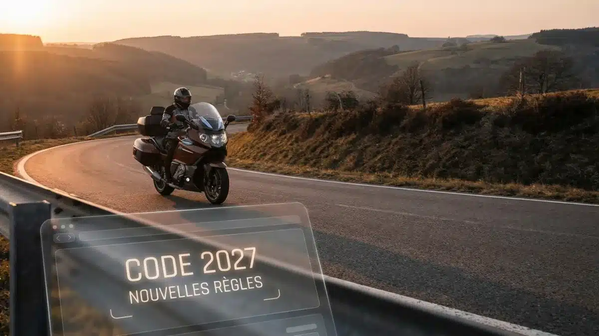 Un motard équipé circule sur une route belge illustrant le nouveau code de la voie publique 2027.
